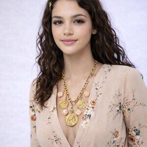 Roman coin trio on paperclip chain with crystal briolette